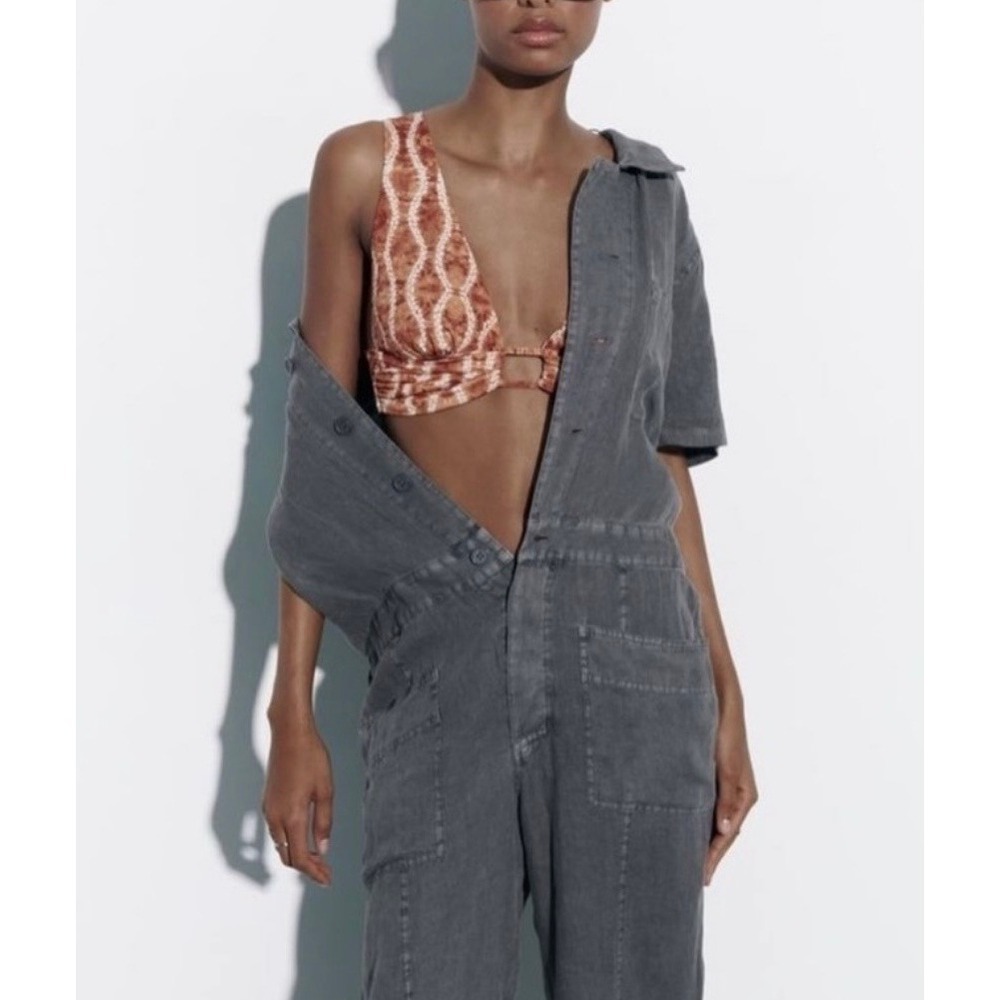 Zara Jumpsuit Women Extra Small Gray Utility 100% Linen Short Sleeve Button Up - Picture 4 of 16